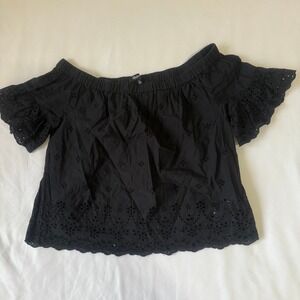 Madewell Black Cotton Eyelet Off Shoulder Flutter Sleeve Crop Top XS